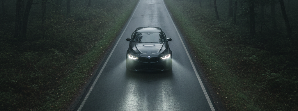 Car driving down a foggy road flanked by trees