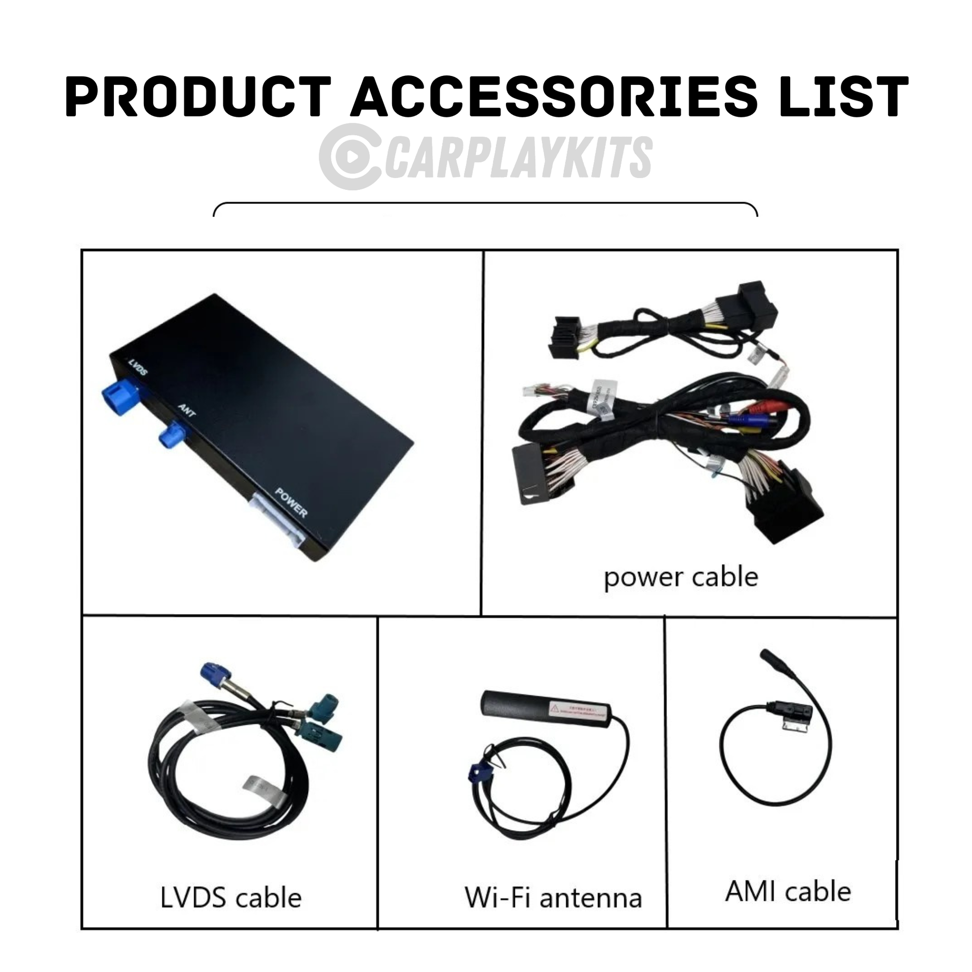 list of product accessories for the audi a7 carplay and android auto kit including a carplay box, power cable, LVDS cable, Wi-Fi antenna, and AMI cable